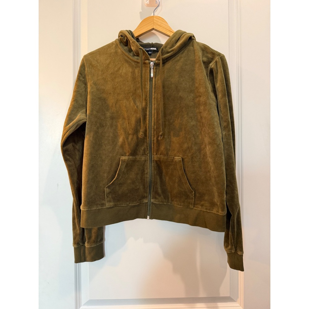 Fashion Nova Olive Green Velour Zip Up Hoodie Y2K Loungewear Large